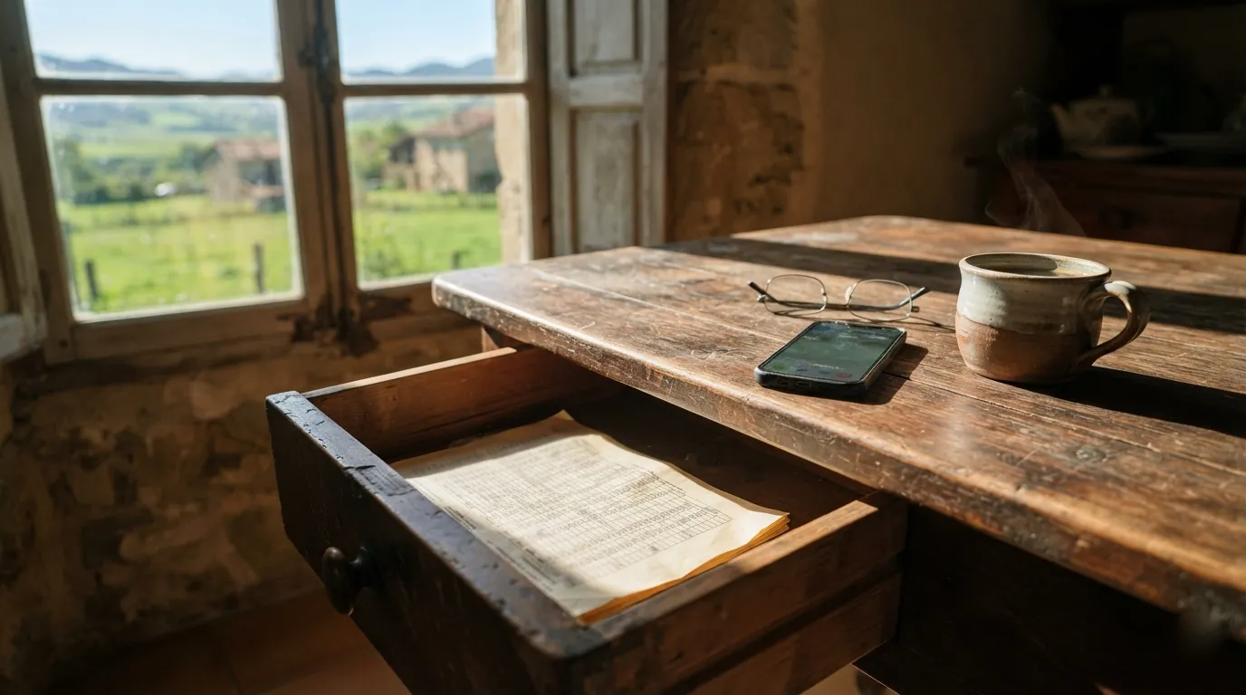 Un análisis de suelo antiguo guardado en el cajón de una mesa de cocina, junto al móvil