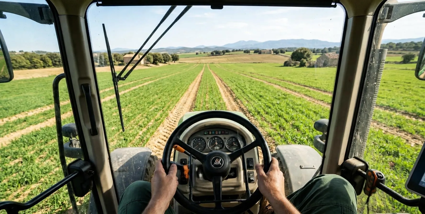From the tractor cab, both hands on the wheel, facing a field sown in rows